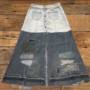 Upcycled boho hippie patched brandy Melville front slit denim jean skirt